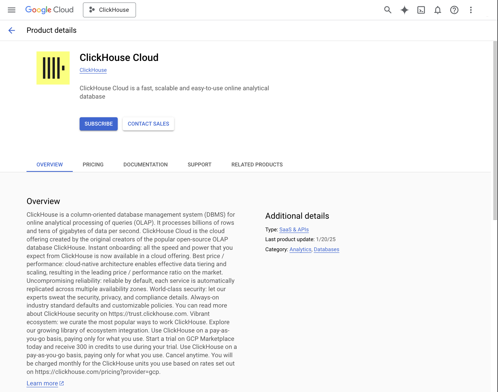 ClickHouse Cloud в GCP Marketplace
